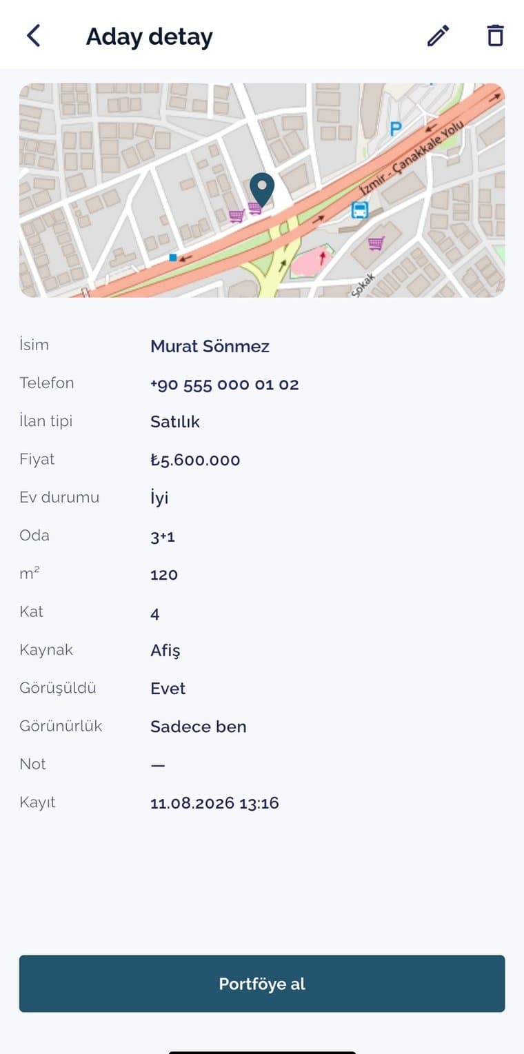 Aday portföy detay ekranı