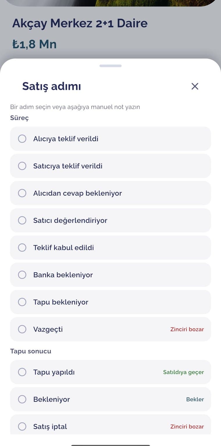 Satış adımı seçme ekranı